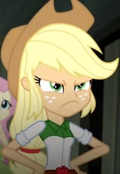 Size: 494x718 | Tagged: safe, screencap, character:applejack, character:fluttershy, my little pony:equestria girls, >:c, angry, applejack is not amused, cropped, female, frown, solo, unamused