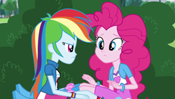 Size: 1280x720 | Tagged: safe, screencap, character:pinkie pie, character:rainbow dash, episode:pinkie spy, equestria girls:friendship games, g4, my little pony:equestria girls, balloon, boots, bracelet, clothing, high heel boots, jewelry, skirt, socks
