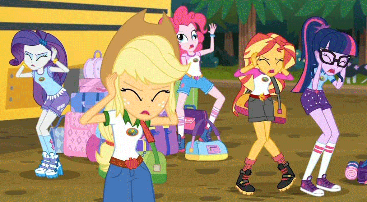 Size: 1180x650 | Tagged: safe, screencap, character:applejack, character:pinkie pie, character:rarity, character:sunset shimmer, character:twilight sparkle, character:twilight sparkle (scitwi), species:eqg human, equestria girls:legend of everfree, g4, my little pony:equestria girls, animated, bags, boots, bracelet, clothing, converse, cropped, derp, duffle bag, faec, forest, gif, jewelry, pinkie derp, school bus, shoes, shorts, sneakers