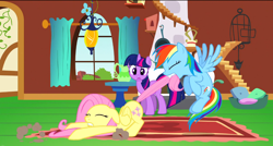 Size: 1360x729 | Tagged: safe, screencap, character:fluttershy, character:rainbow dash, character:twilight sparkle, species:pony, episode:dragon quest, g4, my little pony: friendship is magic, dragging, eyes closed, fluttershy's cottage, fluttershy's cottage (interior), flying, mouth hold, tail pull