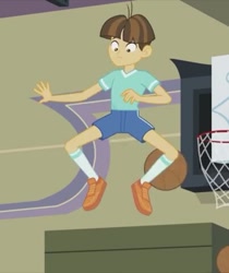 Size: 403x480 | Tagged: safe, screencap, character:wiz kid, episode:photo finished, equestria girls:friendship games, g4, my little pony:equestria girls, basketball, basketball net, clothing, looking down, male, shoes, short, shorts, socks, solo, wiz kid