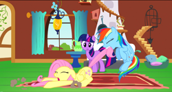 Size: 1360x730 | Tagged: safe, screencap, character:fluttershy, character:rainbow dash, character:twilight sparkle, species:pony, episode:dragon quest, g4, my little pony: friendship is magic, dragging, eyes closed, fluttershy's cottage, fluttershy's cottage (interior), mouth hold, tail pull