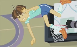 Size: 772x480 | Tagged: safe, screencap, character:wiz kid, episode:photo finished, equestria girls:friendship games, g4, my little pony:equestria girls, basketball net, camera, clothing, eyes closed, hand over face, legs, shoes, short, shorts, socks, solo, wiz kid