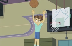 Size: 751x480 | Tagged: safe, screencap, character:wiz kid, episode:photo finished, equestria girls:friendship games, g4, my little pony:equestria girls, basketball, basketball net, clothing, hand's in the air, short, shorts, socks, solo, wiz kid