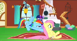Size: 1360x730 | Tagged: safe, screencap, character:fluttershy, character:rainbow dash, character:twilight sparkle, species:pony, episode:dragon quest, g4, my little pony: friendship is magic, fluttershy's cottage, fluttershy's cottage (interior), flying, pushing