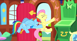 Size: 1360x730 | Tagged: safe, screencap, character:fluttershy, character:rainbow dash, species:pony, episode:dragon quest, g4, my little pony: friendship is magic, eyes closed, female, fluttershy's cottage, fluttershy's cottage (interior), flying, mare, plot, pushing