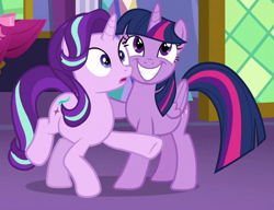 Size: 762x584 | Tagged: safe, screencap, character:starlight glimmer, character:twilight sparkle, character:twilight sparkle (alicorn), species:alicorn, species:pony, episode:no second prances, g4, my little pony: friendship is magic, butt touch, duo, duo female, female, grin, hoof on butt, out of context, smiling, surprised