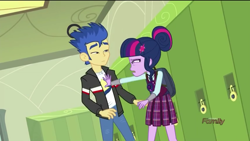 Size: 854x480 | Tagged: safe, screencap, character:flash sentry, character:twilight sparkle, character:twilight sparkle (scitwi), species:eqg human, equestria girls:friendship games, g4, my little pony:equestria girls, clothing, crystal prep academy uniform, discovery family logo, hair bun, hand on chest, jacket, pants, pleated skirt, school uniform, skirt