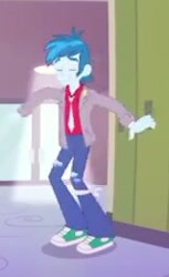 Size: 160x262 | Tagged: safe, screencap, episode:music to my ears, equestria girls:rainbow rocks, g4, my little pony:equestria girls, arms spread out, background human, clothing, eyes closed, jacket, male, necktie, pants, shoes, short, sneakers, solo, thunderbass