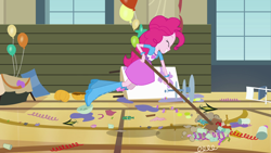Size: 1920x1080 | Tagged: safe, screencap, character:pinkie pie, equestria girls:equestria girls, g4, my little pony:equestria girls, balloon, boots, bracelet, broom, chair, clothing, cup, high heel boots, jewelry, jumping, pumpkin, skirt, solo, table