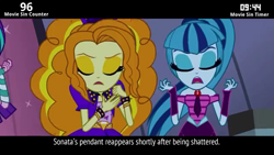 Size: 1920x1080 | Tagged: safe, screencap, character:adagio dazzle, character:aria blaze, character:sonata dusk, equestria girls:rainbow rocks, g4, my little pony:equestria girls, animation error, bare shoulders, cinemare sins, jewelry, movie sins, pendant, text, the dazzlings, timer