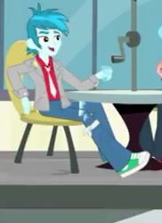 Size: 194x267 | Tagged: safe, screencap, episode:music to my ears, equestria girls:rainbow rocks, g4, my little pony:equestria girls, background human, chair, clothing, jacket, male, necktie, pants, shoes, short, sitting, sneakers, solo, table, thunderbass