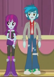 Size: 295x420 | Tagged: safe, screencap, character:mystery mint, equestria girls:rainbow rocks, g4, my little pony:equestria girls, background human, boots, bracelet, clothing, female, high heel boots, jacket, jewelry, male, necktie, pants, pantyhose, ripped pantyhose, scarf, shoes, skirt, sneakers, thunderbass