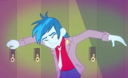 Size: 780x480 | Tagged: safe, screencap, episode:music to my ears, equestria girls:rainbow rocks, g4, my little pony:equestria girls, background human, clothing, eyes closed, jacket, male, necktie, solo, thunderbass