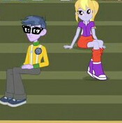 Size: 175x177 | Tagged: safe, screencap, character:cloudy kicks, character:microchips, equestria girls:friendship games, g4, my little pony:equestria girls, bleachers, clothing, cloudy kicks, glasses, pants, shoes, sitting, skirt, sneakers, socks