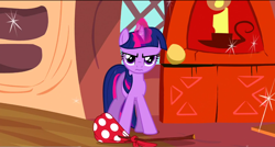 Size: 1360x730 | Tagged: safe, screencap, character:twilight sparkle, species:pony, episode:dragon quest, g4, my little pony: friendship is magic, 3:, bindle, golden oaks library, knapsack, magic, solo, wavy mouth