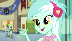 Size: 1280x720 | Tagged: safe, screencap, character:cherry crash, character:lyra heartstrings, episode:all's fair in love & friendship games, g4, my little pony:equestria girls, cherry crash, cute, female, female focus, headband, lyrabetes, smiling, solo focus, teenager, valhallen