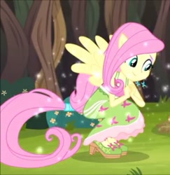 Size: 466x480 | Tagged: safe, screencap, character:fluttershy, equestria girls:legend of everfree, g4, my little pony:equestria girls, camp everfree outfits, camp fashion show outfit, clothing, cute, high heels, kneeling, ponied up, pony ears, ponytail, shoes, skirt, smiling, solo, tail, wings