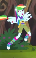 Size: 302x480 | Tagged: safe, screencap, character:rainbow dash, equestria girls:legend of everfree, g4, my little pony:equestria girls, camp everfree outfits, camp fashion show outfit, clothing, converse, leg warmers, looking up, ponied up, pony ears, shoes, shorts, sneakers, solo, tail, wings