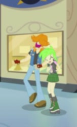 Size: 184x303 | Tagged: safe, screencap, character:cherry crash, episode:all's fair in love & friendship games, equestria girls:friendship games, g4, my little pony:equestria girls, background human, boots, cherry crash, clothing, eyes closed, faec, fingerless gloves, gloves, jacket, laughing, lowres, pants, shoes, short, skirt, smiling, sneakers, valhallen, walking