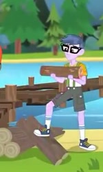 Size: 183x304 | Tagged: safe, screencap, character:microchips, equestria girls:legend of everfree, g4, my little pony:equestria girls, camp everfree outfits, clothing, converse, glasses, logs, pier, shoes, shorts, sneakers, socks