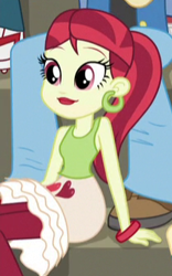 Size: 209x335 | Tagged: safe, screencap, equestria girls:friendship games, g4, my little pony:equestria girls, background human, bracelet, clothing, cropped, ear piercing, earring, heart, jewelry, piercing, rose heart, shoes, sneakers, solo focus, tank top, valhallen