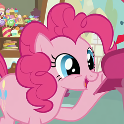Size: 432x432 | Tagged: safe, screencap, character:pinkie pie, species:earth pony, species:pony, episode:wonderbolts academy, cropped, female, happy, mare, open mouth, solo
