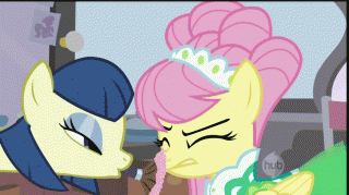 Size: 320x179 | Tagged: safe, screencap, character:fluttershy, character:photo finish, character:powder rouge, episode:green isn't your color, g4, my little pony: friendship is magic, alternate hairstyle, animated, blush sticker, blushing, brush, clothing, dress, ei, gif, hub logo, makeup, mouth hold, rouge, roxie, roxie rave, sneezing