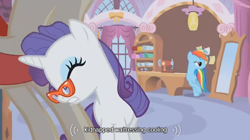 Size: 638x358 | Tagged: safe, screencap, character:rainbow dash, character:rarity, episode:suited for success, g4, my little pony: friendship is magic, 20% cooler, glasses, rarity's glasses, youtube caption