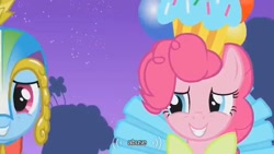 Size: 640x360 | Tagged: safe, screencap, character:pinkie pie, character:rainbow dash, episode:suited for success, g4, my little pony: friendship is magic, youtube caption