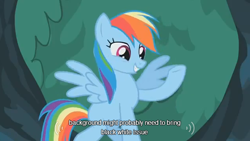 Size: 634x358 | Tagged: safe, screencap, character:rainbow dash, episode:suited for success, g4, my little pony: friendship is magic, tree, youtube caption