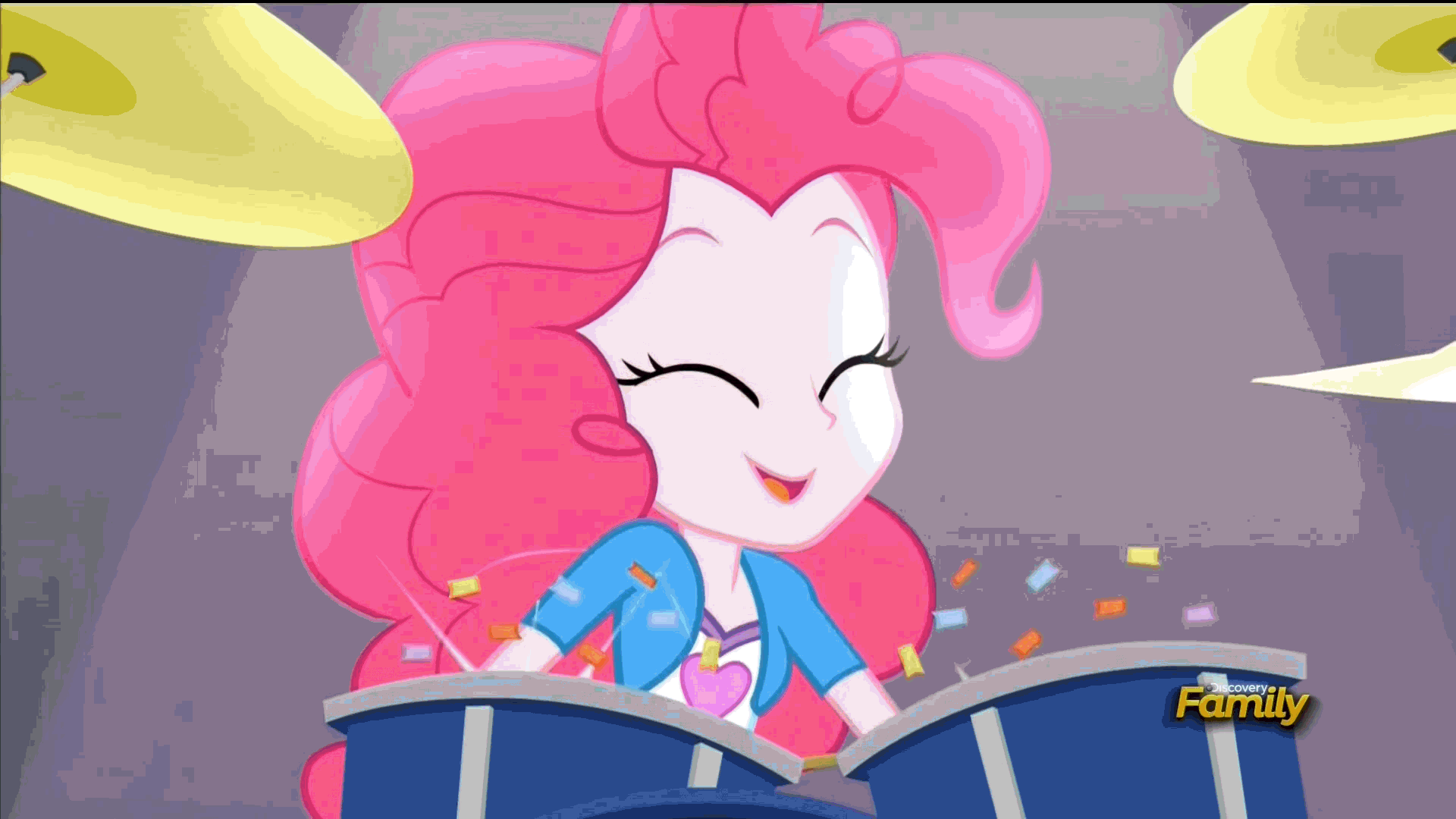Size: 1920x1080 | Tagged: safe, screencap, character:pinkie pie, equestria girls:rainbow rocks, g4, my little pony:equestria girls, animated, bracelet, confetti, cute, cymbals, discovery family logo, drum kit, drumming, drums, drumsticks, gif, hi-hat, jewelry, loop, musical instrument, solo