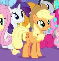 Size: 229x235 | Tagged: safe, screencap, character:applejack, character:bright smile, character:carrot top, character:fluttershy, character:golden harvest, character:lucky clover, character:pinkie pie, character:rainbow dash, character:rarity, character:twinkleshine, species:crystal pony, species:earth pony, species:pony, species:unicorn, episode:celestial advice, g4, my little pony: friendship is magic, clothing, cowboy hat, cropped, female, hat, mare, picture for breezies, smiling, solo focus