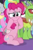 Size: 134x203 | Tagged: safe, screencap, character:bright smile, character:lucky clover, character:pinkie pie, species:changeling, species:crystal pony, species:earth pony, species:pony, species:reformed changeling, episode:celestial advice, g4, my little pony: friendship is magic, cropped, female, hooves on face, mare, picture for breezies, sitting up, solo focus