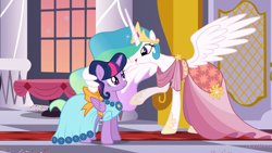 Size: 1920x1080 | Tagged: safe, screencap, character:princess celestia, character:twilight sparkle, character:twilight sparkle (alicorn), species:alicorn, species:pony, episode:make new friends but keep discord, g4, my little pony: friendship is magic, alternate hairstyle, beautiful, canterlot castle, clothing, confused, crown, dress, duo, ethereal mane, female, flowing mane, folded wings, frown, gala, gala dress, hair bun, having fun, hoof shoes, hug, jewelry, looking at each other, mare, multicolored hair, necklace, raised hoof, regalia, sillestia, silly, smiling, spread wings, talking, wing hands, winghug, wings