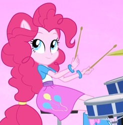 Size: 670x685 | Tagged: safe, screencap, character:pinkie pie, equestria girls:rainbow rocks, g4, my little pony:equestria girls, balloon, better than ever, boots, bracelet, clothing, cropped, cute, cymbals, drum kit, drums, drumsticks, gradient background, high heel boots, jewelry, musical instrument, ponied up, pony ears, ponytail, skirt, solo
