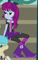Size: 151x235 | Tagged: safe, screencap, character:bright idea, character:mystery mint, equestria girls:friendship games, g4, my little pony:equestria girls, angry, bleachers, boots, bracelet, bright idea, clothing, cropped, high heel boots, jewelry, scarf, solo