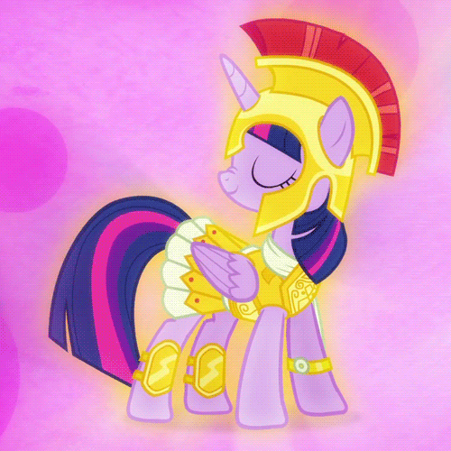Size: 500x500 | Tagged: safe, screencap, character:twilight sparkle, character:twilight sparkle (alicorn), species:alicorn, species:pony, episode:scare master, g4, my little pony: friendship is magic, animated, armor, athena sparkle, bedroom eyes, clothing, costume, female, gif, mare, nightmare night, nose wrinkle, pink background, raised hoof, sexy, simple background, smug, solo