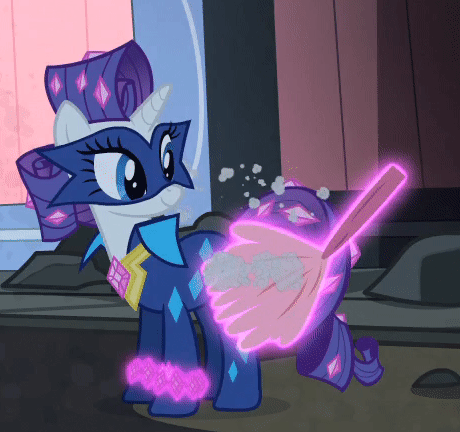 Size: 460x432 | Tagged: safe, screencap, character:radiance, character:rarity, species:pony, species:unicorn, episode:power ponies, g4, my little pony: friendship is magic, animated, bracelet, cute, dust, duster, dusting, eyes closed, female, gif, jewelry, levitation, looking back, magic, mare, mask, raised leg, smiling, solo, super powers, telekinesis