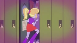 Size: 1100x618 | Tagged: safe, screencap, character:cloudy kicks, episode:music to my ears, equestria girls:rainbow rocks, g4, my little pony:equestria girls, book, boots, clothing, cloudy kicks, high heel boots, lockers, mirror, raised leg, rear view, shoes, sneakers