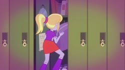 Size: 1100x618 | Tagged: safe, screencap, character:cloudy kicks, episode:music to my ears, equestria girls:rainbow rocks, g4, my little pony:equestria girls, bag, book, boots, clothing, cloudy kicks, high heel boots, lockers, mirror, raised leg, rear view, shoes, sneakers