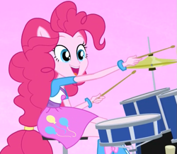 Size: 787x685 | Tagged: safe, screencap, character:pinkie pie, equestria girls:rainbow rocks, g4, my little pony:equestria girls, balloon, better than ever, boots, bracelet, clothing, cymbals, drum kit, drums, drumsticks, hi-hat, high heel boots, jewelry, musical instrument, pink background, ponied up, pony ears, simple background, skirt