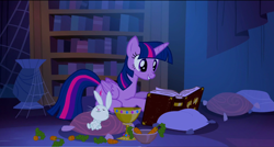 Size: 1360x730 | Tagged: safe, screencap, character:angel bunny, character:twilight sparkle, character:twilight sparkle (alicorn), species:alicorn, species:pony, episode:castle mane-ia, g4, my little pony: friendship is magic, book, carrot, cup, food, pillow, prone