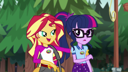 Size: 1280x720 | Tagged: safe, screencap, character:sunset shimmer, character:twilight sparkle, character:twilight sparkle (scitwi), species:eqg human, equestria girls:legend of everfree, g4, my little pony:equestria girls, camp everfree outfits, clothing, duffle bag, glasses, shorts, tree