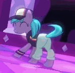 Size: 149x146 | Tagged: safe, screencap, character:azure velour, species:earth pony, species:pony, episode:the saddle row review, g4, my little pony: friendship is magic, ^^, animated, background pony, butt shake, clothing, cute, dancing, eyes closed, female, flank spin, gif, gif for breezies, hat, mare, pants, picture for breezies, plot, smiling, solo, tail twirl