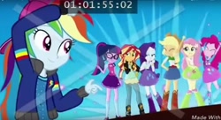 Size: 1208x656 | Tagged: dead source, safe, screencap, character:applejack, character:fluttershy, character:pinkie pie, character:rainbow dash, character:rarity, character:sunset shimmer, character:twilight sparkle, character:twilight sparkle (scitwi), species:eqg human, episode:get the show on the road, eqg summertime shorts, g4, my little pony:equestria girls, clothing, cute, dashabetes, diapinkes, humane seven, jackabetes, ponytail, rapper, rapper dash, twiabetes
