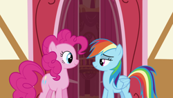 Size: 1920x1090 | Tagged: safe, screencap, character:pinkie pie, character:rainbow dash, species:pony, episode:griffon the brush-off, duo, lidded eyes, looking at each other