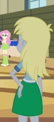 Size: 216x488 | Tagged: safe, screencap, character:derpy hooves, character:fluttershy, equestria girls:rainbow rocks, g4, my little pony:equestria girls, boots, clothing, cropped, cup, hand on hip, high heel boots, rear view, skirt, socks, straw, table