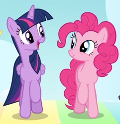 Size: 617x639 | Tagged: safe, screencap, character:pinkie pie, character:twilight sparkle, character:twilight sparkle (alicorn), species:alicorn, species:pony, episode:all bottled up, g4, my little pony: friendship is magic, article in the description, cropped, walking on a rainbow