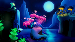 Size: 1920x1080 | Tagged: safe, screencap, character:princess luna, species:alicorn, species:pony, episode:do princesses dream of magic sheep?, cute, dream, dreamscape, eyes closed, female, flower, giant flower, giant mushroom, glowing flower, glowing mushroom, happy, luna's dream, mare, moon, mushroom, night, pond, prone, scenery, scenery porn, sleeping, smiling, solo, surreal, waterfall